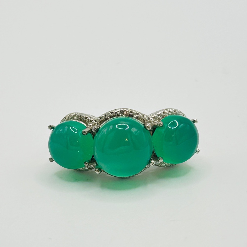 3 Stone Jade Ring; Size 7; Stainless Steel